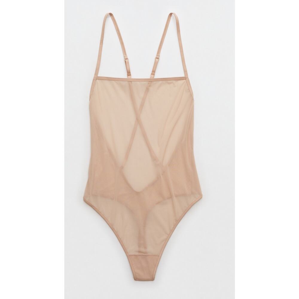 Aerie Real Good Mesh Bodysuit Tan Nude Sheer Strappy Back Thong Large NEW